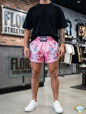 ROMWE Men’s Floral High-Waist Side-Split Shorts Pink Summer Streetwear Large